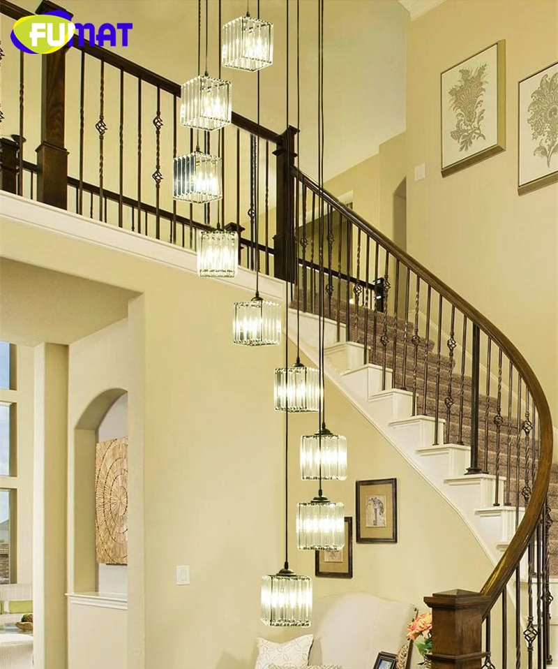 FUMAT Crystal K9 Stairs Rotation Ceiling Lamps Chandelier Lighting Hanging Lights LED Fixture American Modern Style Villa Stairs 44