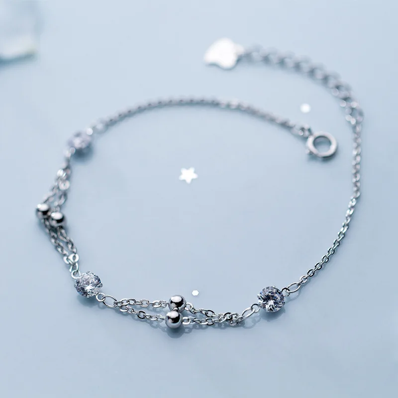 

Women's Authentic REAL. 925 Sterling Zirconia cz Double rows with Polished Lucky Beads chain Bracelet Gift GTLS806