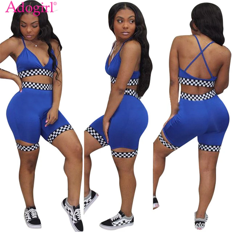 Adogirl Women Two Piece Set Outfit Checkerboard Plaid Race Suit Bra Top and Shorts Female Tracksuit Summer Club Suits Sportswear Adogirl Women Two Piece Set Outfit Checkerboard Plaid Race Suit Bra Top and Shorts Female Tracksuit Summer Club Suits Sportswear