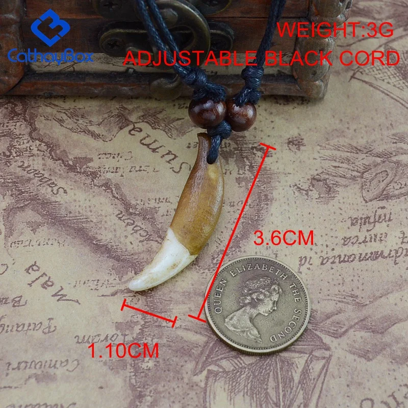 Men Tribal Wolf Tooth Charm Pendant Necklace Vintage Look Teeth Jewelry Adjustable Black Cord CB03B015