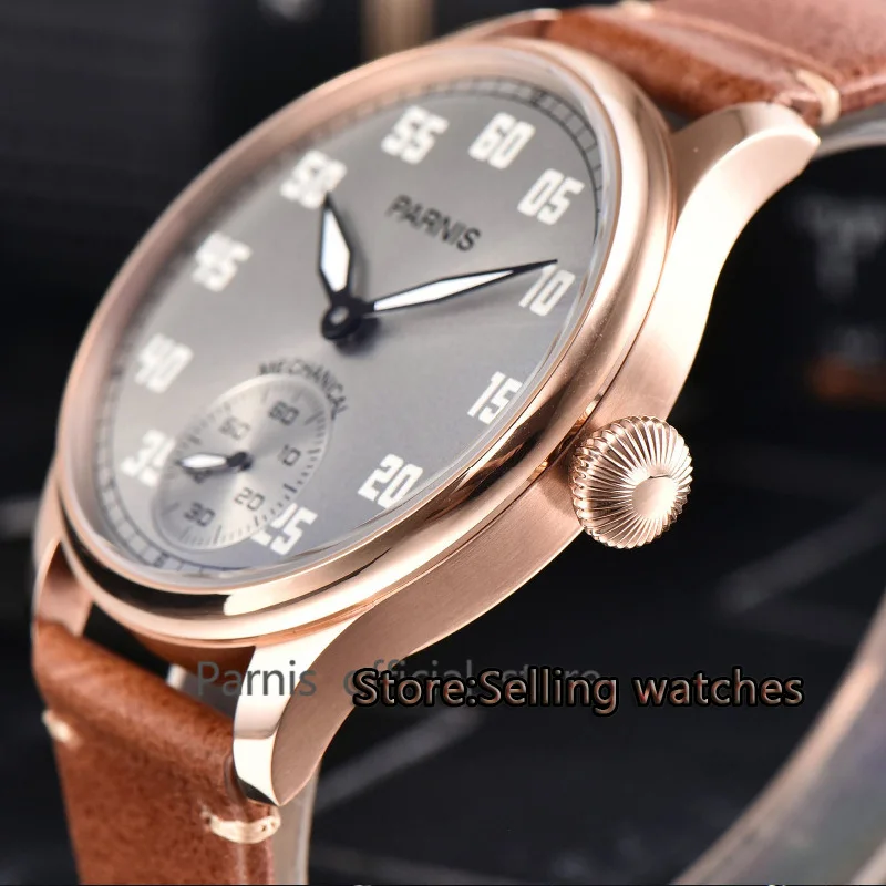 

44mm PARNIS gray dial rose golden case asian 6498 Mechanical Hand Wind movement men's watch Mechanical watches
