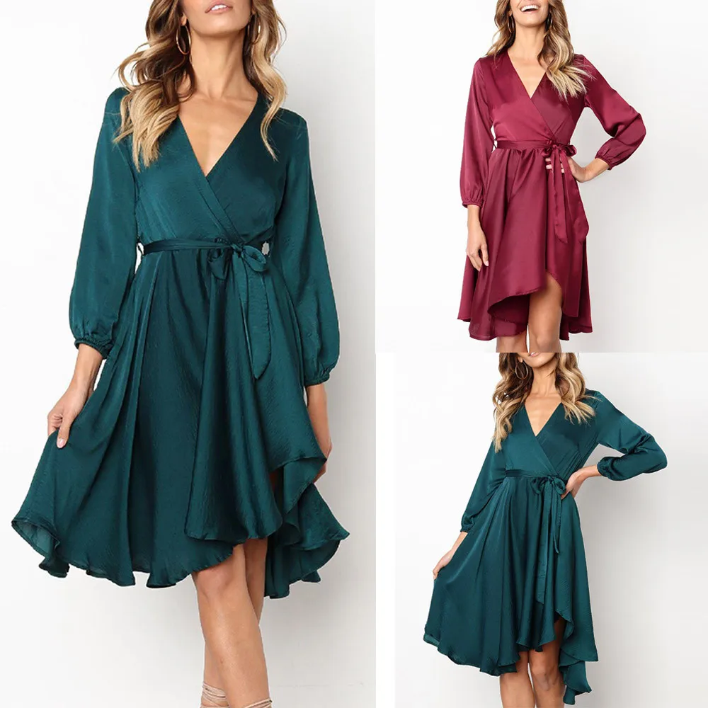 

Fashion Fit and Flare Beach Solid Dress Womens Sexy Long Sleeve Solid Bow Belt Bandage V-Neck Party Dress