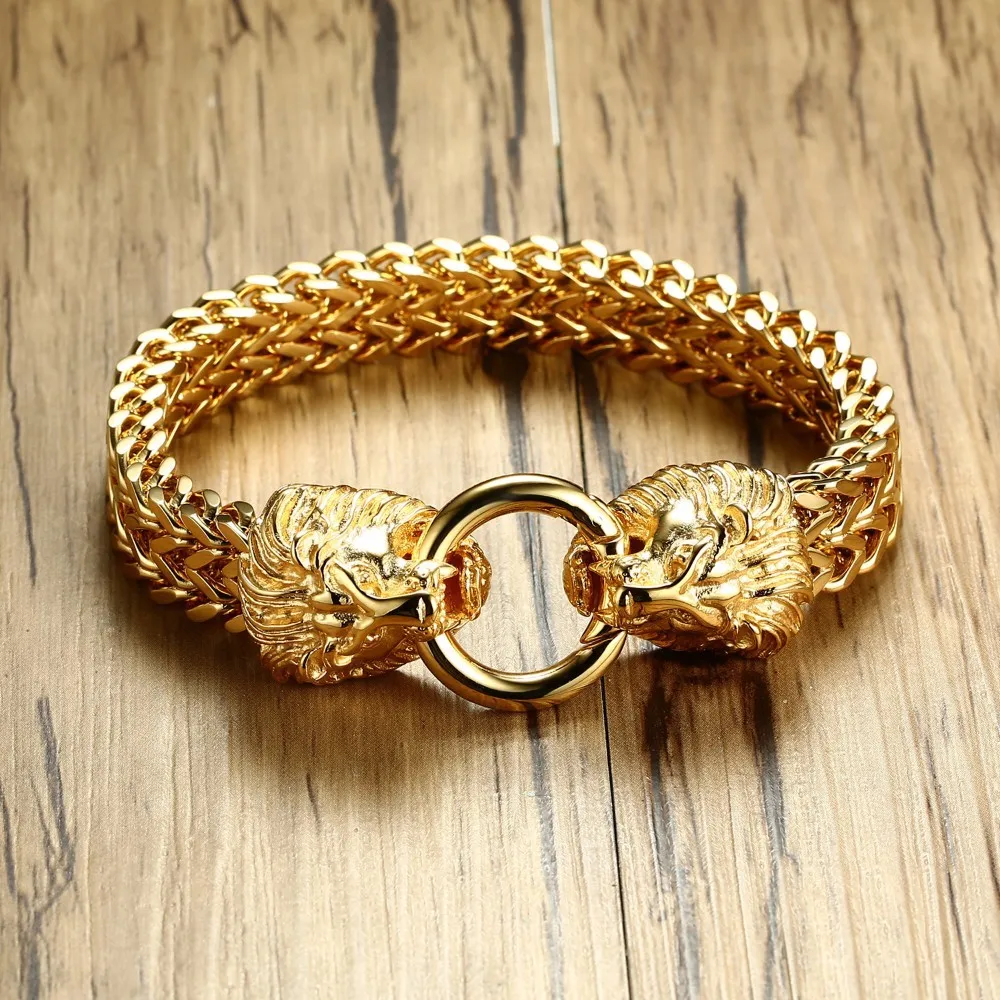 Fashion Month Rock Double Lion Head Herringbone Chain Bracelet for Men Stainless Steel Gold Tone Hip Hop Punk Male Jewelry 8.85