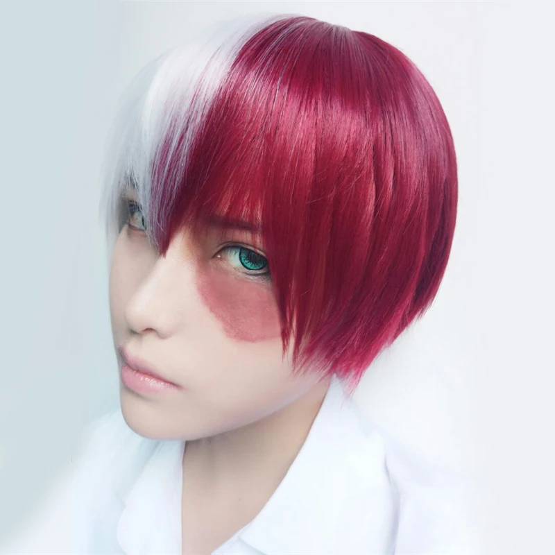 

My Hero Academia Boku no Hiro Akademia Shoto Todoroki Shouto Short White And Red Heat Resistant Cosplay Costume Wig + Wig Cap