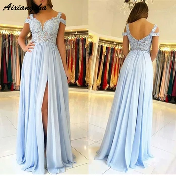 

Simple Light Blue 2018 Prom Dresses Long with Appliques A-Line Front Slit Lace Chiffon Saudi Arabic Long Evening Gown Prom Dress