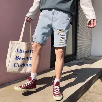 

Summer New Casual Denim Shorts Men Jeans Hole Ripped Brand Clothing Knee Length Hip Hop Street Male Shorts Size 38