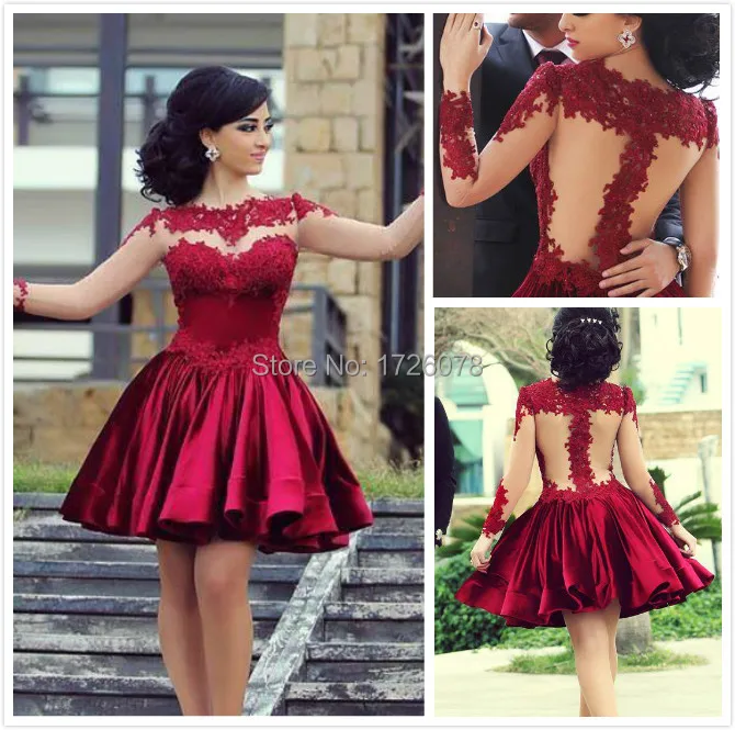 Free Shipping Illusion Neck Sexy Short Puffy Sheer Long Sleeves Wine