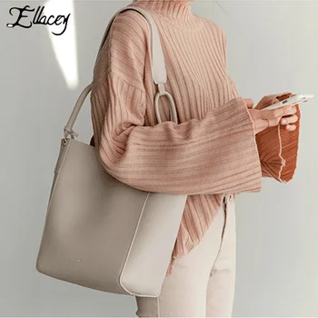 

Ellacey New Women 2 Pieces Set Composite Bag Soft PU Leather Tote Bags Brief Fashion Buckets Handbags Casual Large Shoulder Bag