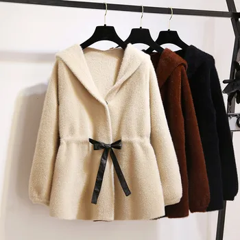 

Faux Velvet Hooded Thicken Jacket Women Autumn Lace Up Knitted Sweater Cardigan Coat Campera Mujer Soft Velvet Sweaters C4660