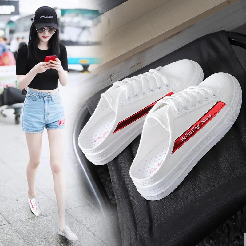 

Canvas shoes female 2019 summer new Korean students lazy no heel half drag white shoes breathable shoes women