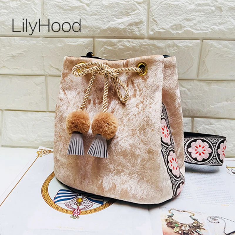 LilyHood 2018 Fashion Women Velvet Bucket Shoulder Bag Vintage Retro Chic Pom Pom Fringe Embroidery Wide Strap Crossbody Bags striped embroidery pom pom detail blouse