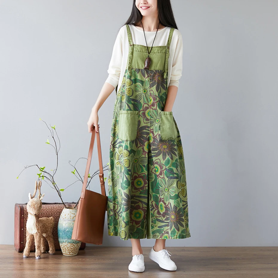 

Womens Denim Suspenders Jumpsuits Rompers Overalls Body Wide Leg Print Loose Big Size Retro Vintage Casual Fashion for Spring