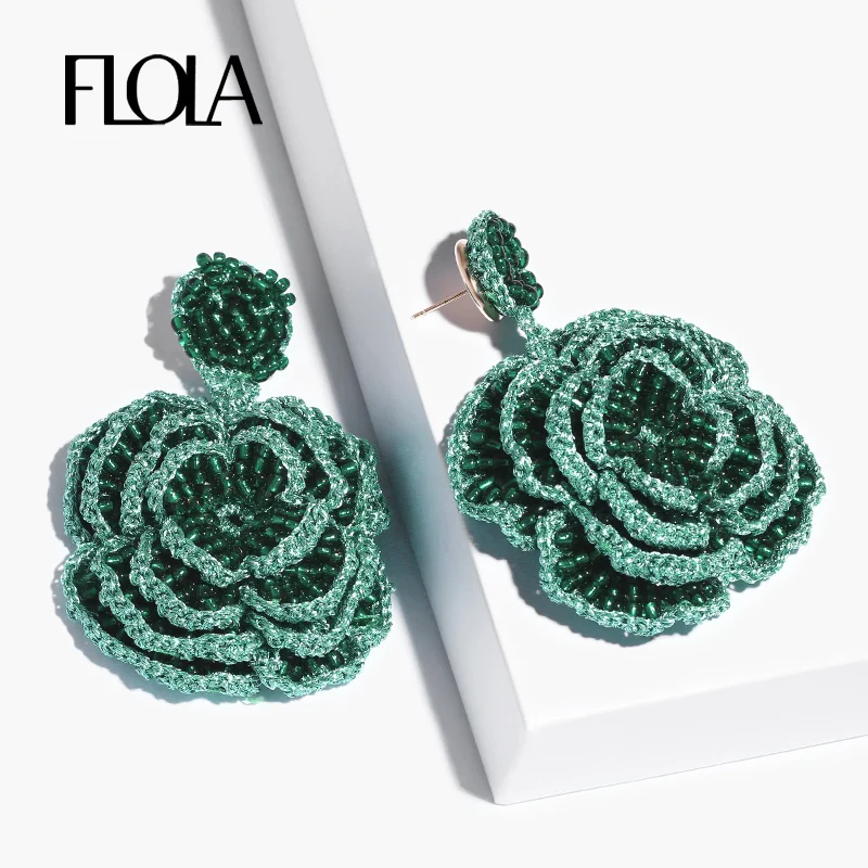 

FLOLA 2019 Large Flower Big Earrings for Women Beads Rose Hanging Earrings Drop Statement Jewelry pendientes mujer moda ersp37