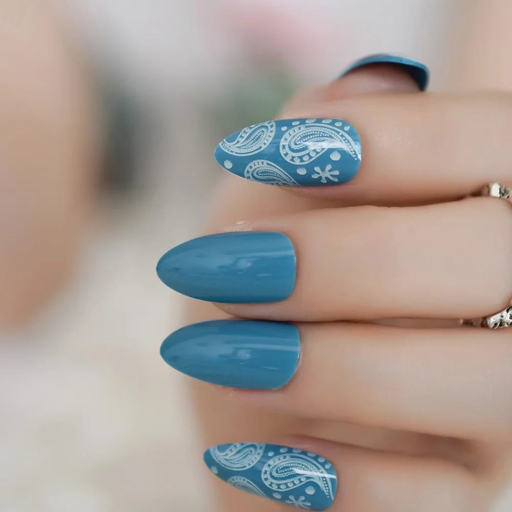 Овальные накладные ногти на шпильках, острые накладные ногти, голубые, белые, с шестигранным узором, блестящие синие блестки, предварительно дизайнерские накладные ногти для невесты, вечерние