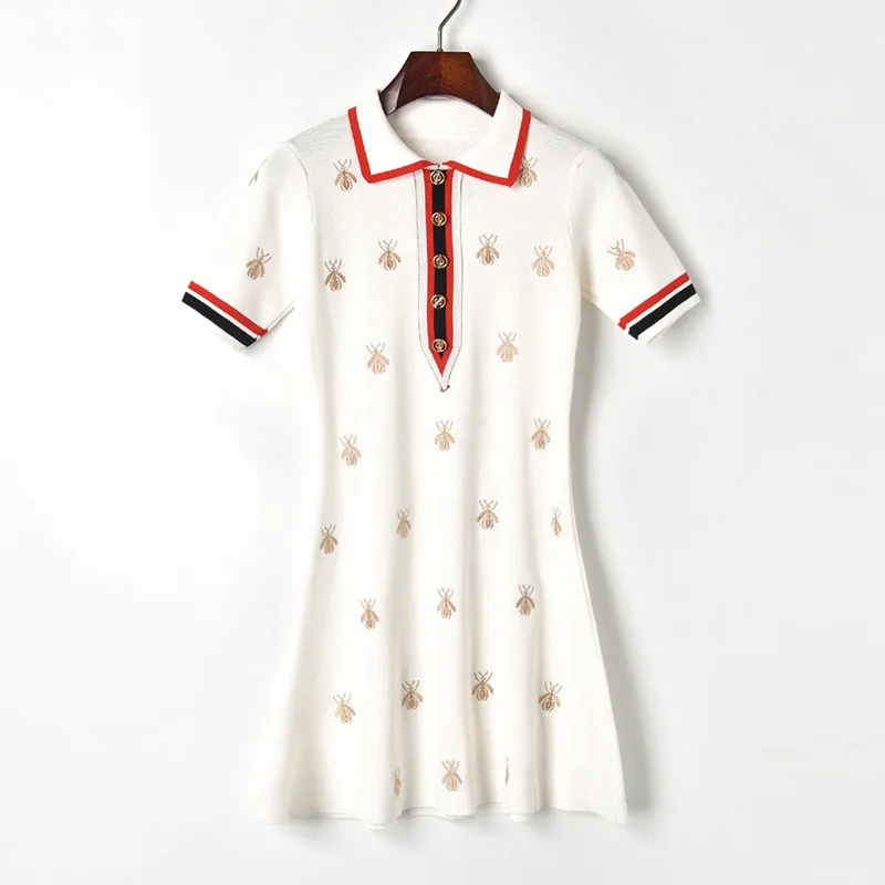 Модное дизайнерское женское Контрастное трикотажное платье с отложным воротником и вышивкой пчелы, платье с коротким рукавом и вышивкой для подиума - Цвет: Белый