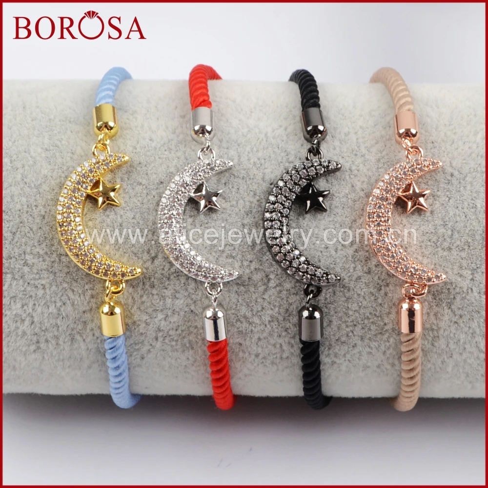 Borosa Micro Pave CZ Белый циркон звезды и луна Spacer разъем хлопчатобумажной веревки