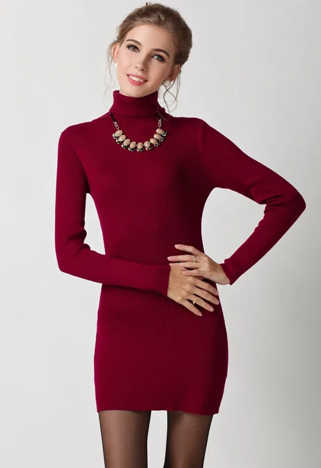 Специальные смесь шерсти и кашемира Женская мода хип-пак пуловер платье свитер джокер цвет средней длины s-xl - Цвет: wine red