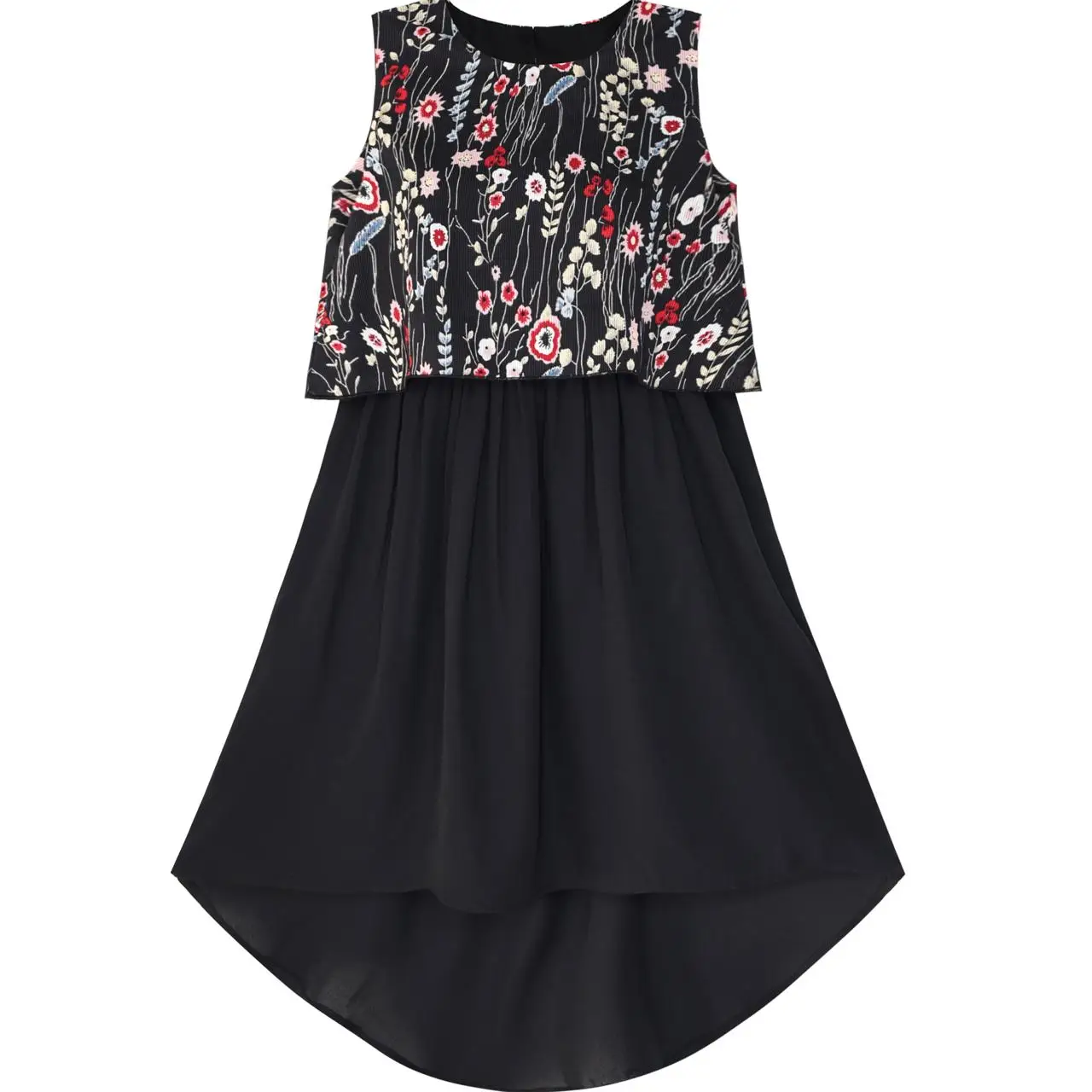 Flower Girl Dress 2-in-1 Black Floral High-Low Chiffon Party 2020 Summer Princess Wedding Dresses Size 7-14 Carnival | Детская одежда и