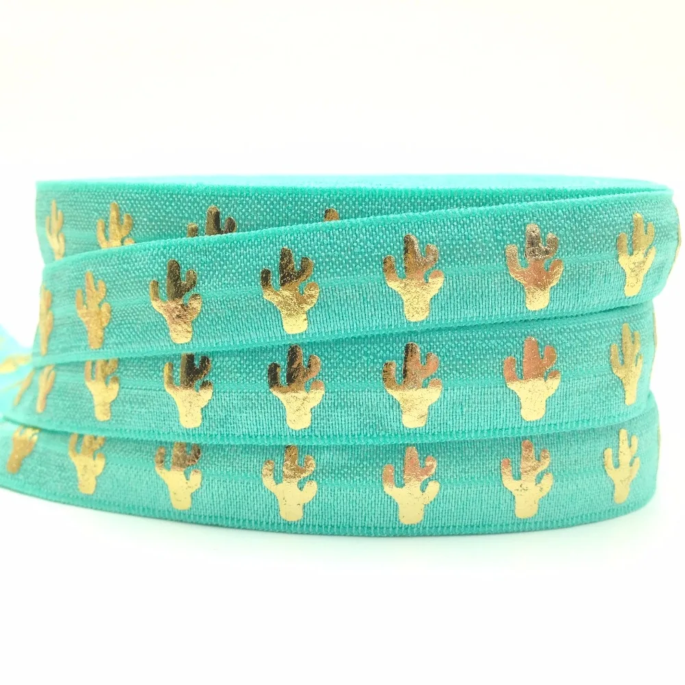 

10 yards wholesale Turquoise Cactus Metallic Foil print Foe elastic Hairbands ribbon DIY handmade Hair tie