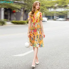 QYFCIOUFU 2018 High Quality Bow Ruffle Dress Women Short Sleeve Designer Runway Floral Print Elegant Pleated Casual Summer Dress