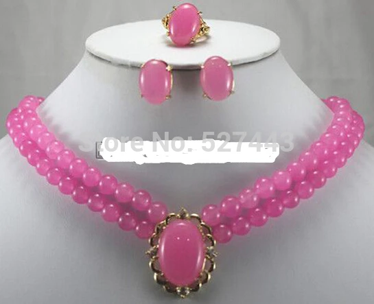 

FREE SHIPPING>>@> Wholesale JWEW6529 Fashion charm charming 2 row pink jade earrings + ring + Necklace Set Natural jewelry