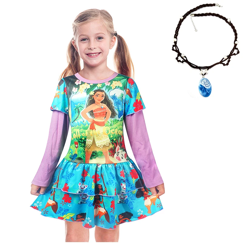

2018 Kids Adventure Outfit Children Vaiana Moana Necklace+Princess dress Christmas Party Cosplay Costume girl Nightgown Dresses