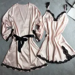 Розовые женские пикантные атласные Twinset халат комплект с Ночная сорочка v-образным вырезом халат ночная рубашка свадьба невесты туалетный