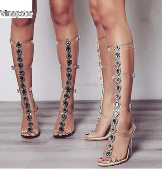 

Vinapobo Summer High Heel Sandal Gladiator Gold Rhinestone Knee High Buckle Strap Woman Boots Bohemia Style Crystal Beach Shoes