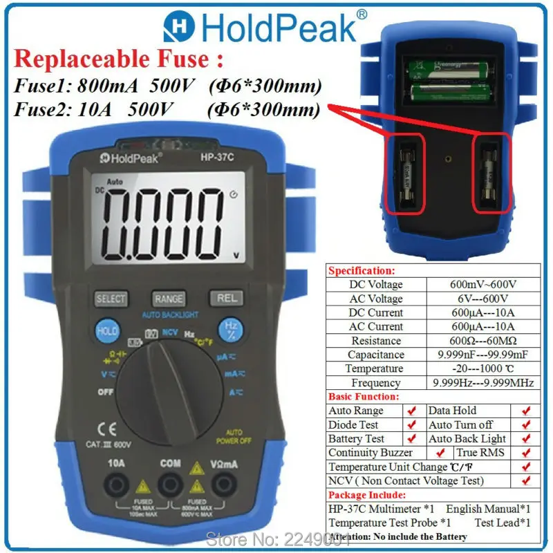 

HoldPeak HP-37C Auto Range True RMS Digital Multimeter Temperature Capacitance Test and Auto Backlight
