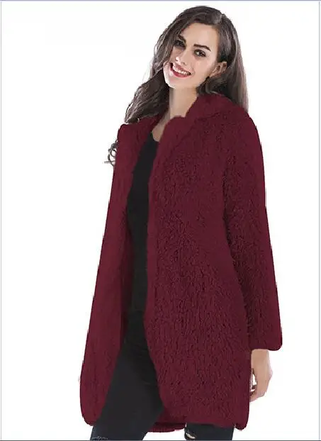 Плюшевое пальто элегантное женское осенне-зимнее теплое мягкое Женское пальто повседневная верхняя одежда плюс размер офисная Куртка розовая лохматая - Цвет: Бургундия