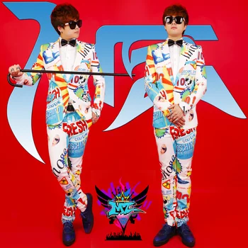 

S-XXXL New Bar nightclub loaded male singer GD printing suit DJ personality color slim suit singer costumes Plus size