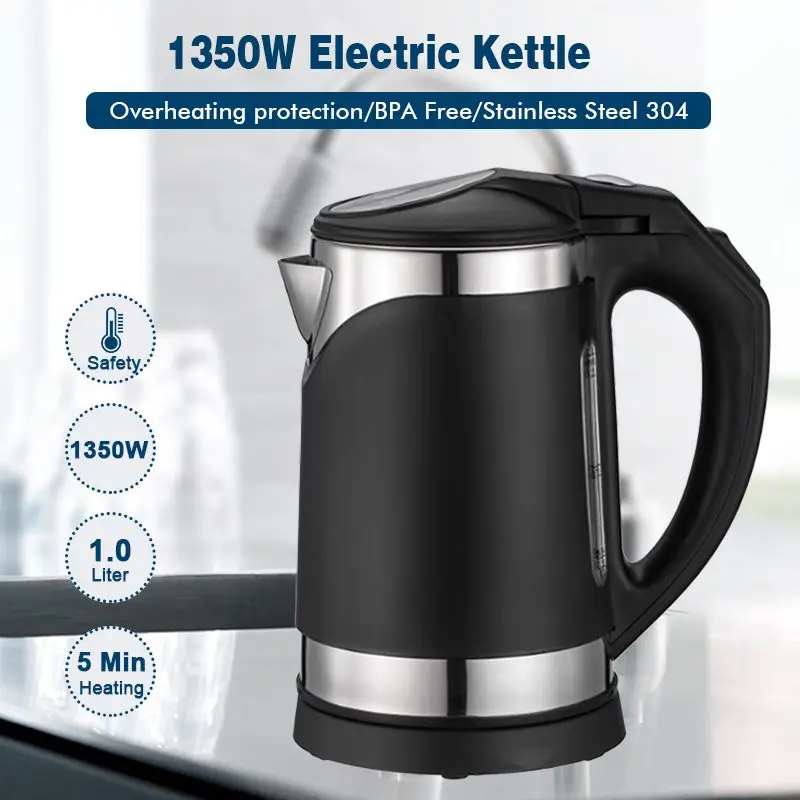 

1L 1350W Electric Kettle Water Heater Boiler Automatic Shut-Off & Boil Dry Overheating Protection Stainless Steel Home Offfice