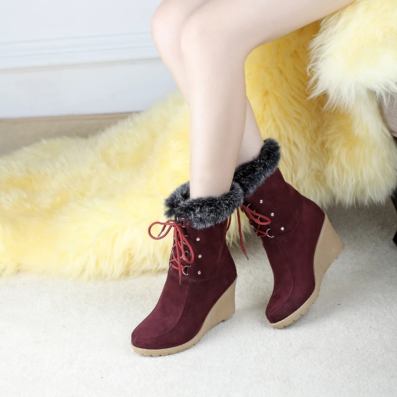 

Dilalula Women Ankle Boots High Heel Wedge Shoes Woman Lace Up Rabbit Fur Footwear Ladis Faux Suede Platform Snow Botas Mujer