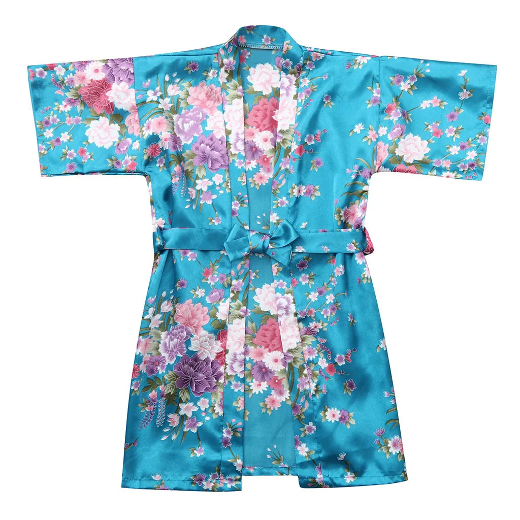 Одежда для малышей для маленьких девочек Повседневное пижамы шелка с цветочным рисунком атласное кимоно; наряд халат; одежда для сна; пижама с длинными рукавами, 15-20