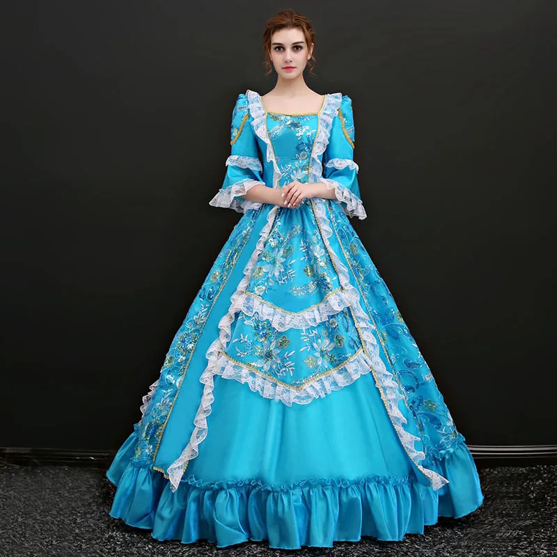

2018 Blue Square Neck White Lace European court Performance dress 18th Century Marin Antoinette Princess Long Dress Ball Gown