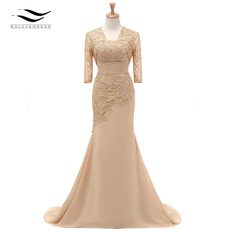 

Three Quarters Sleeves Champagne Mermaid Lace Formal Evening Dress With Jacket Mother Of Bride Gown For Wedding Party SL-M002