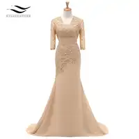 Three Quarters Sleeves Champagne Mermaid Lace Formal Evening Dress With Jacket Mother Of Bride Gown For Wedding Party SL-M002