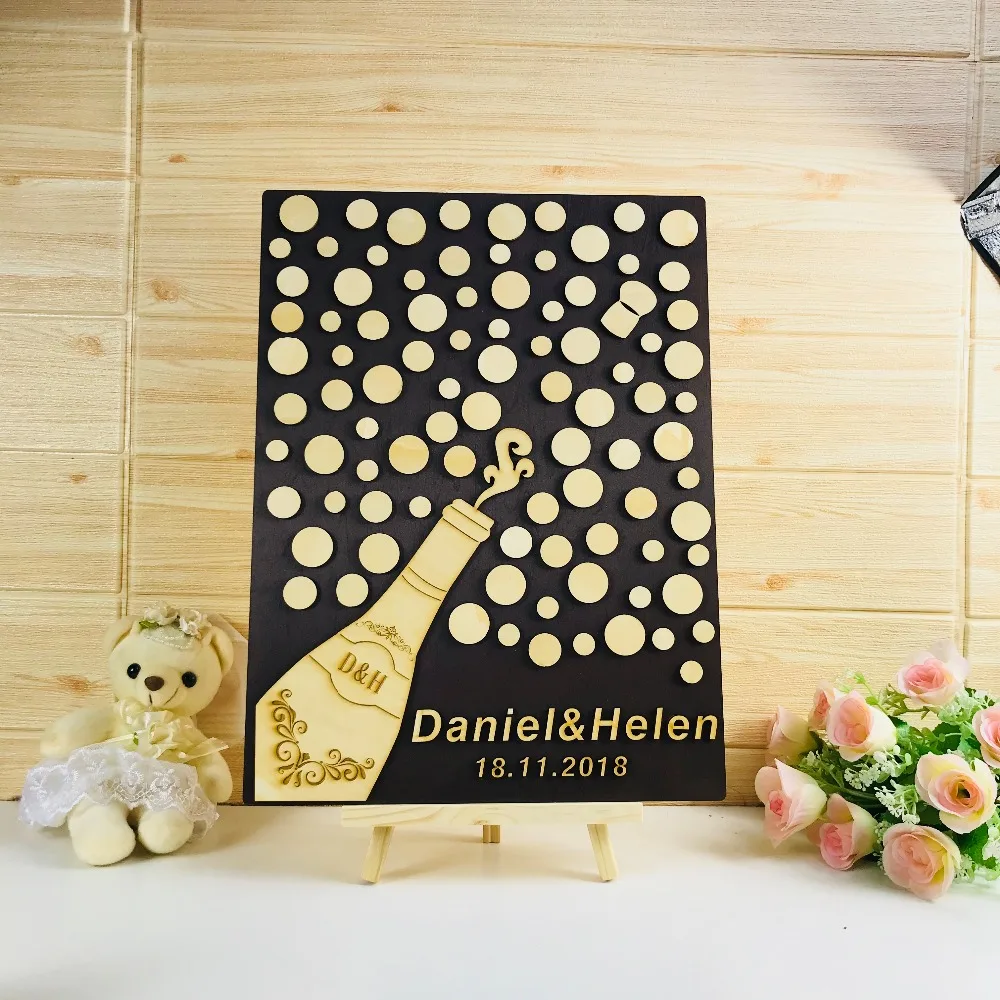 Персонализированная Свадебная книга для гостей, 3D тема уникальная свадебная книга для гостей, пользовательский знак бутылки шампанского свадебная книга для гостей в деревенском стиле