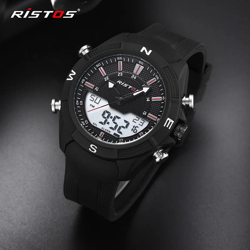 

RISTOS Digital Watch Sport Men Clock Luminous Week Large Dial Stopwatch 3Bar Waterproof TPU Band ABS Case Relogio Masculino