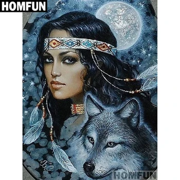 

HOMFUN Full Square/Round Drill 5D DIY Diamond Painting "Indians & wolf" Embroidery Cross Stitch 5D Home Decor A01123
