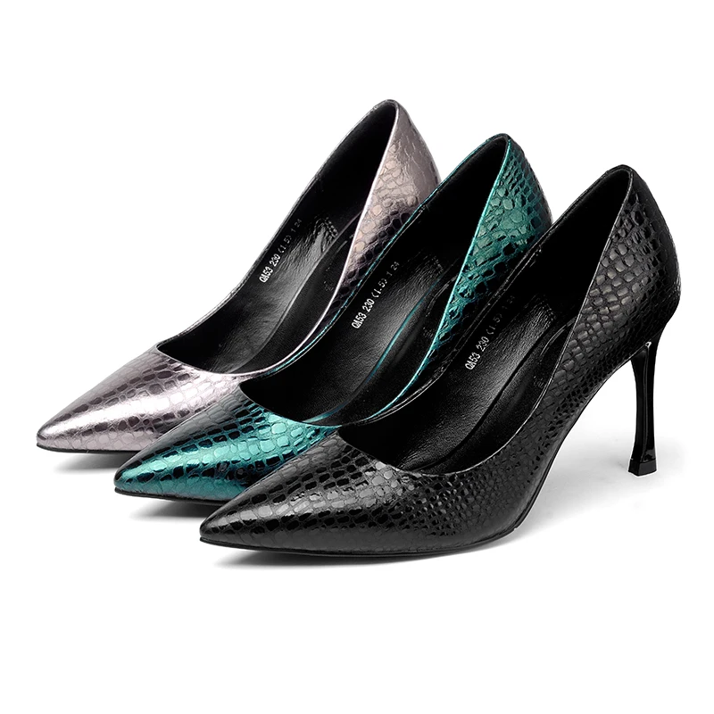 2018 Negro La Cuero Mujeres Moda gris Otoño Zapatos Puntiagudas Isnom Oficina Impresión Femeninos Tacones Bombas verde Vaca De Thin Calzado p7nXX0qwT