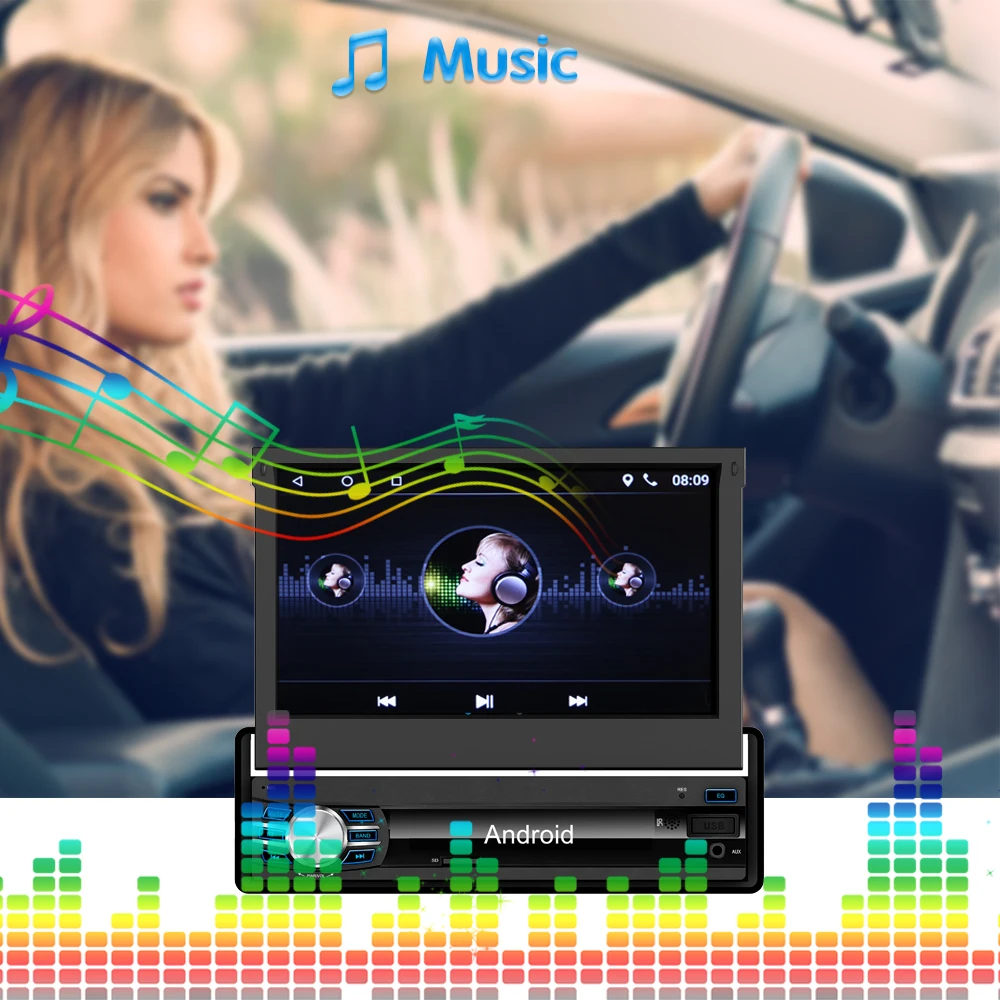Discount Retractable 7" 1 DIN Android 6.0 1080P Autoradio GPS Bluetooth Navigation Car Stereo Player Fully Capacitive Touch Screen 1G/16G 2
