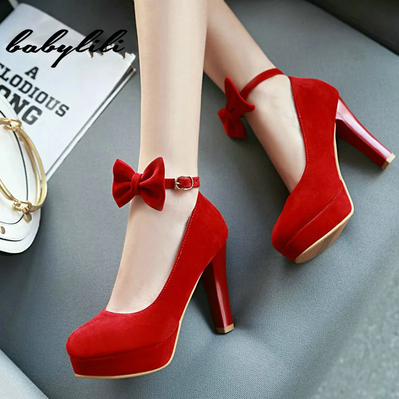 

Women Shoes Sweet Bow Knot with Buckle Thick High Heel Pumps Fashion Platform Round Toe Dress Shoes Black Red Beige