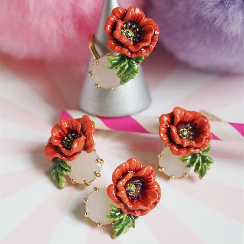 

2018 Amybaby Luxury Enamel Glaze Poppy And Faceted Glass Necklace Stud Earring Adjustable Ring Braclet Jewelry For Party