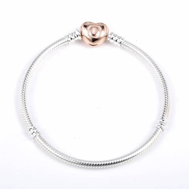 

Authentic 925 Sterling Silver Heart Clasp Bracelets With Brand Logo Fashion Snake Chain Fit Europ Charms beads DIY Jewelry