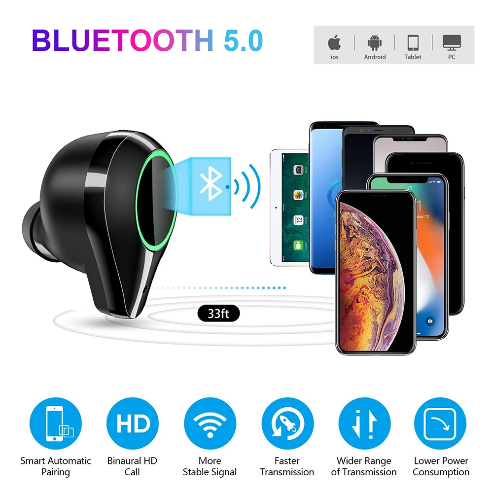 TWS T9 IPX7 Waterproof Bluetooth 5.0 Earphones Binaural True Wireless Earbuds 7000mAh Noise Cancelling Headphones 7h Music Play