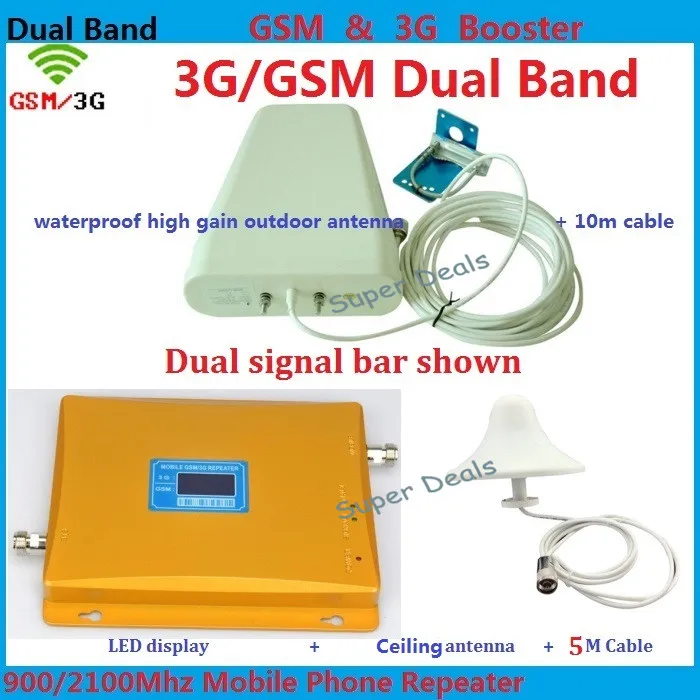 

LCD Booster Dual Band High Gain Mobile Phone 2G 3G Signal Repeater GSM 900 mhz W-CDMA 2100 mhz Signal Booster Amplifier FULL SET