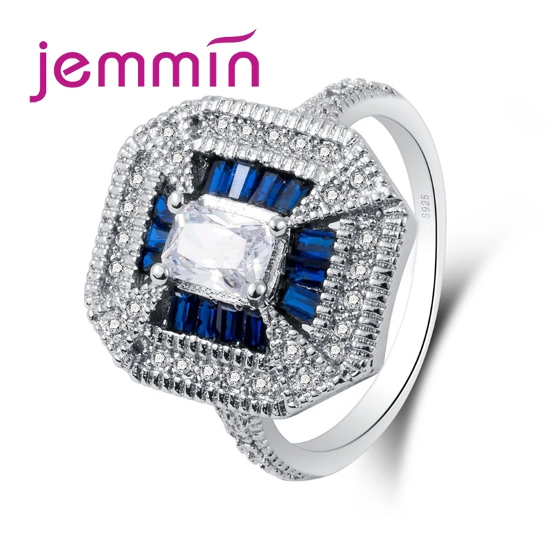 

New Arrival Exquisite Craft Dark Sea Blue Cubic Zirconia Square Cut Design 925 Sterling Silver Ring For Women Mens
