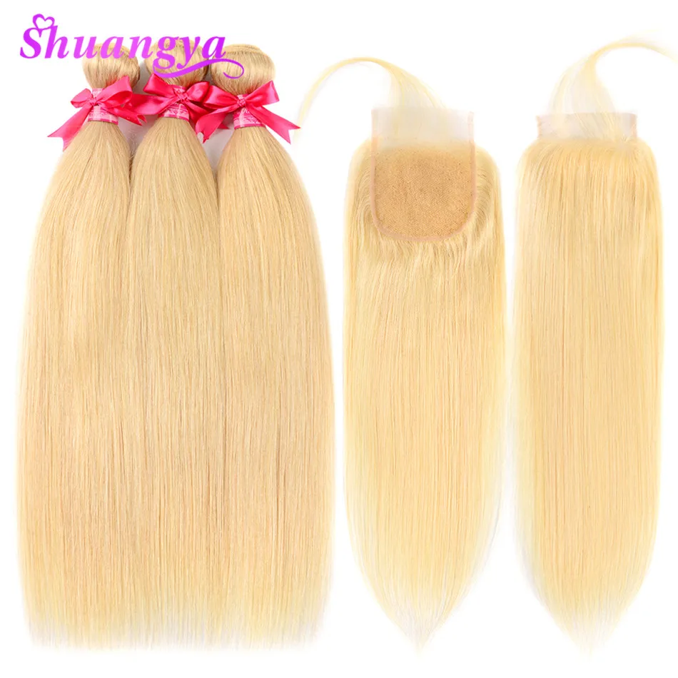 Brazilian Straight Hair 3/4 Bundles With Closure 613 Blonde Color Hair Human Hair With 4x4 Closure Free Ship Shuangya Remy Hair
