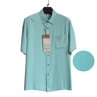 Небесно-голубая Мужская шелковая рубашка с коротким рукавом, винтажная синяя бежевая рубашка с отложным воротником, Повседневная рубашка размера плюс с одним карманом, Размер 90-130 кг